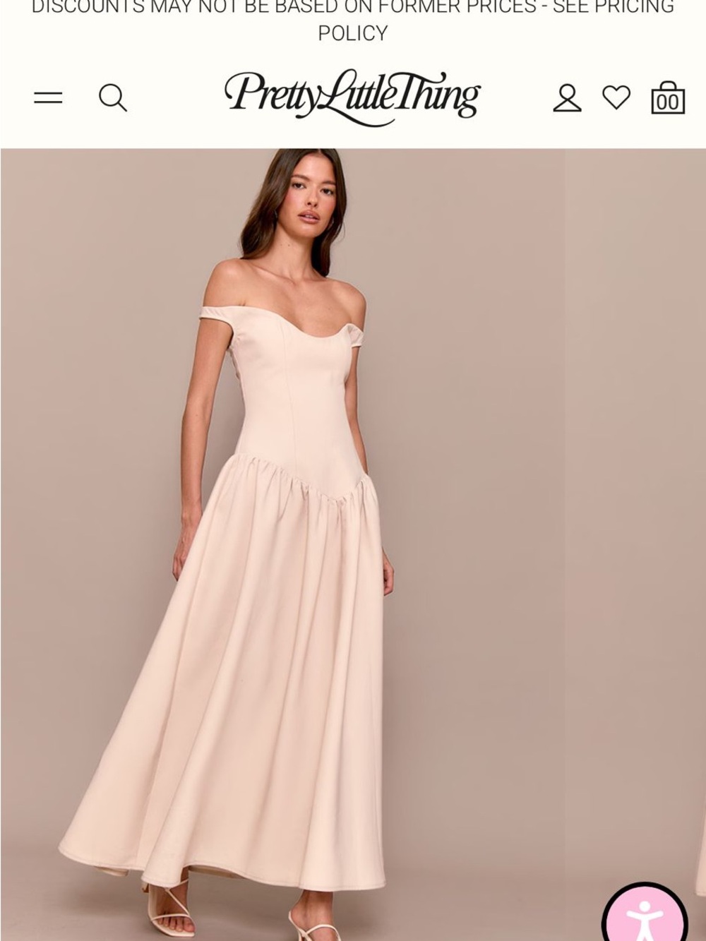 PrettyLittleThing CREAM WOVEN DIPPED BARDOT RUCHED MIDAXI DRESS